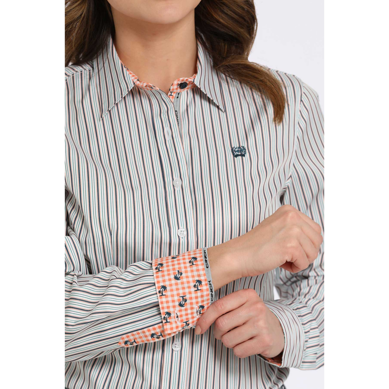 Cinch Women's Long Sleeve Stripe Shirt- White
