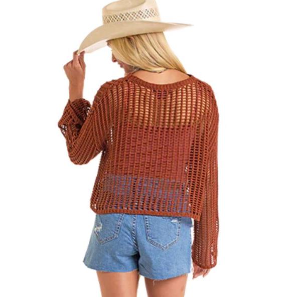 Rock & Roll Women's Open Knit Sweater- Rust