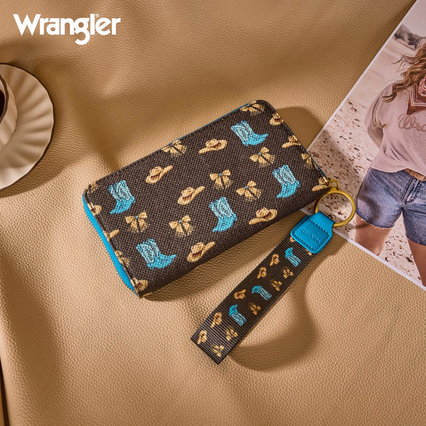 Wrangler Western Print RFID Blocking Zippered Cowgirl Wallet- Coffee