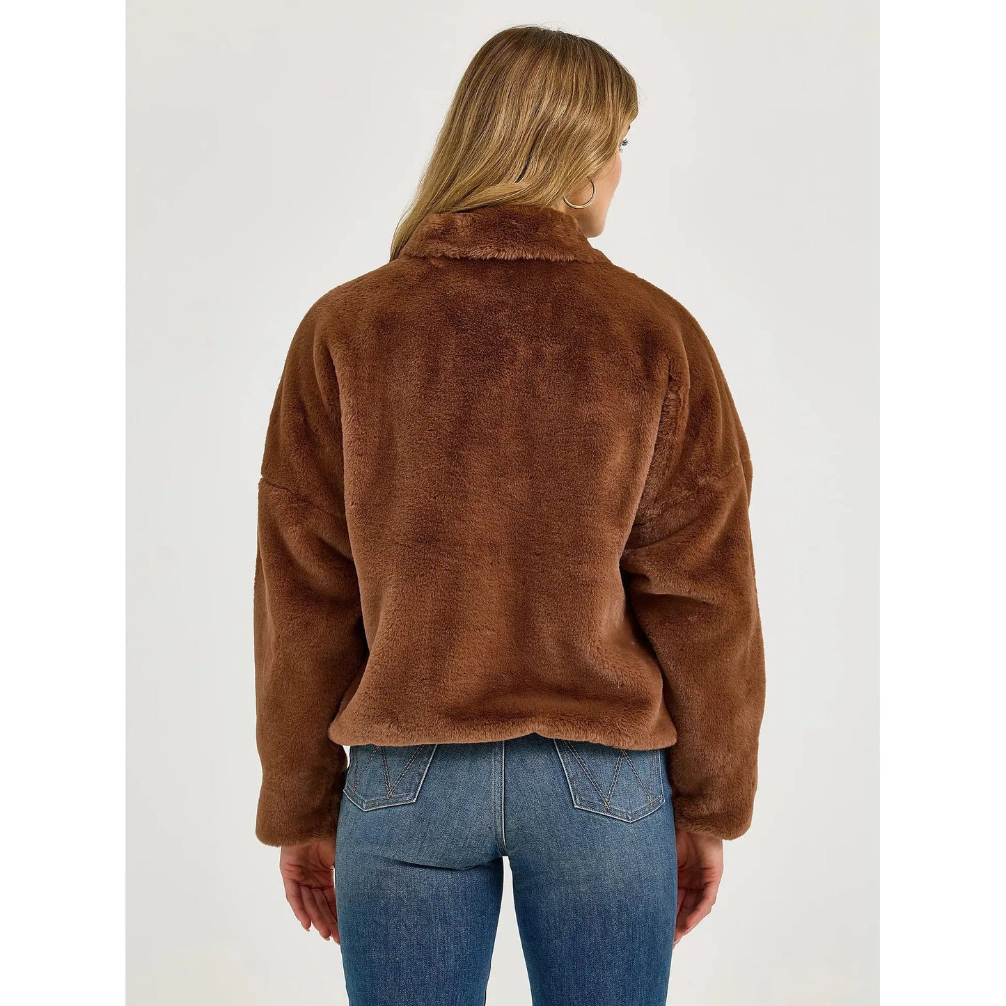 Wrangler Women's Fuzzy Zip Up Logo Jacket- Teddy Brown