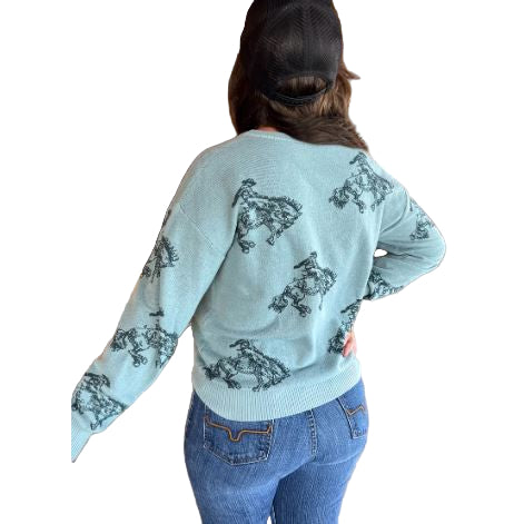 Rowdy Crowd Women's Long Sleeve Saddle Up Sweater-Dusty Blue