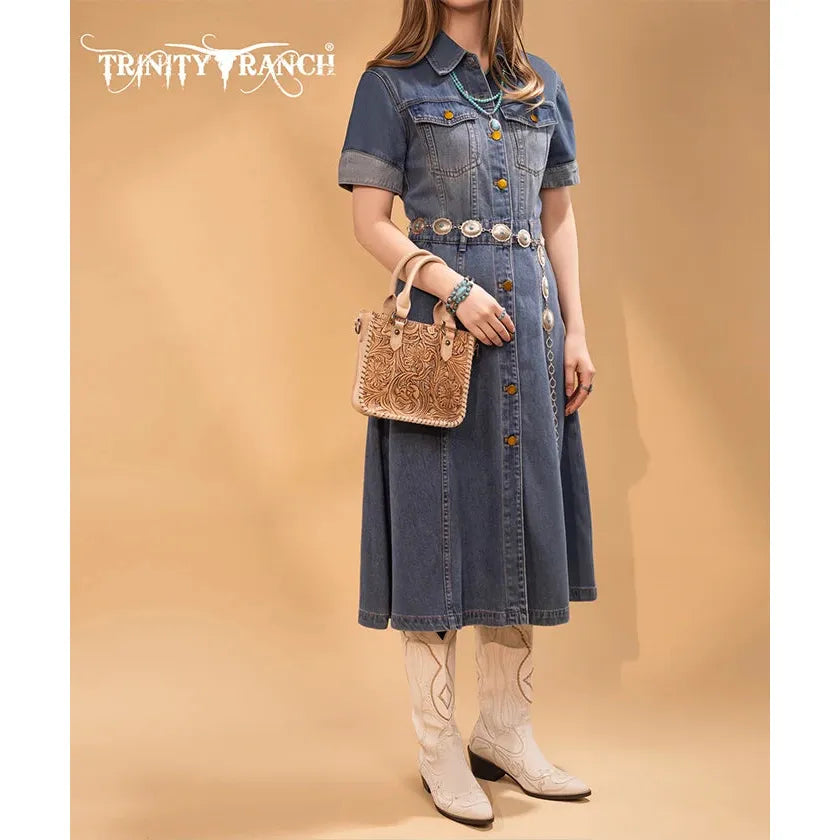Wrangler Trinity Ranch Western Floral Tooled Mini Tote Bag-Tan