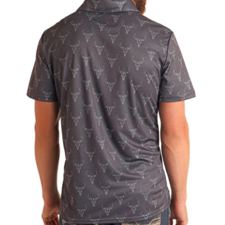 Rock & Roll Men's Longhorn Printed Polo- Charcoal
