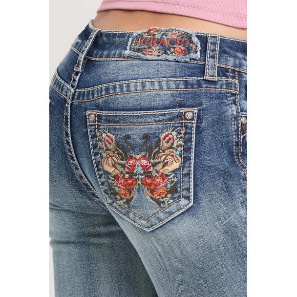 Grace in LA Women's Butterfly Embroidery Midrise Bootcut Jeans