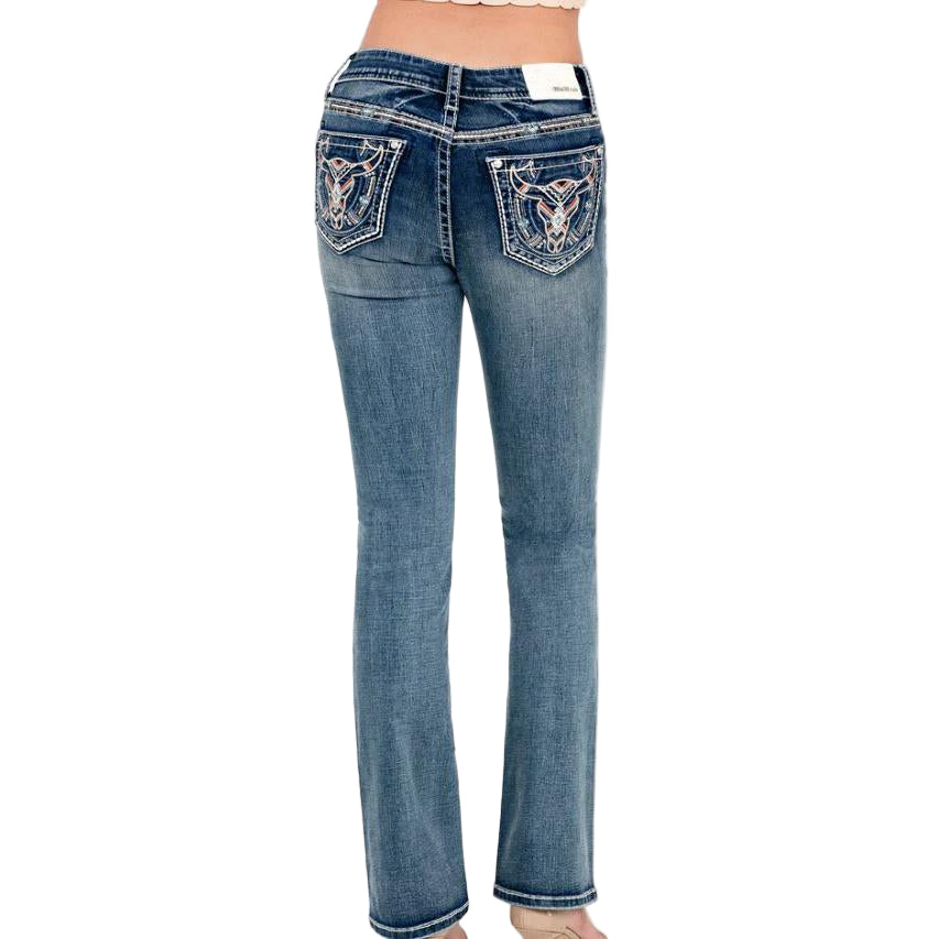 Grace in LA Women's Steerhead  Embroidery Midrise Bootcut Jeans