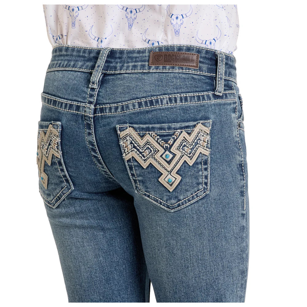 Rock & Roll Girl's Aztec Embroidered Bootcut Jeans-Medium Wash