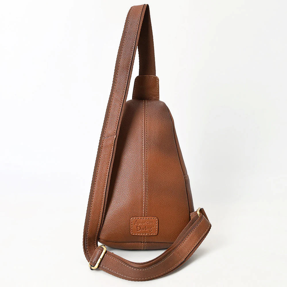 American Darling Brown Leather Sling Backpack with Tooled Floral Bag