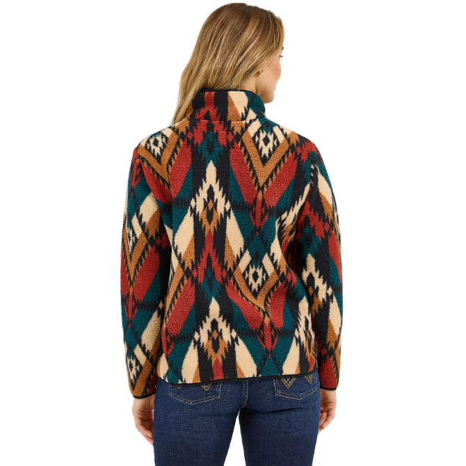 Wrangler Women's Long Sleeve Retro 1/4 zip Sherpa Pullover- Turquoise Pattern