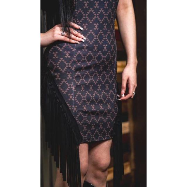 Lucky & Blessed Women's Aztec Printed Side  Fringe Tank Dress- Brown