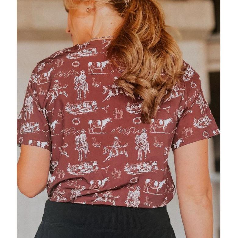 Spurrin' Scrubs Wine Old West Scrub Top- Brown