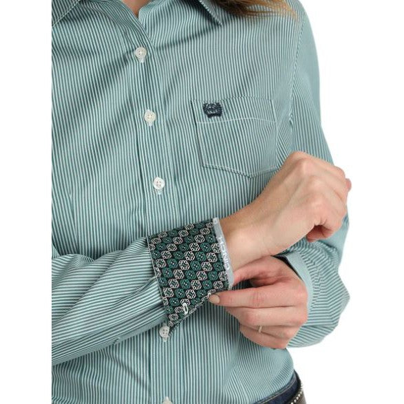 Cinch Women's  Long Sleeve Tencel Shirt- Teal Micro Stripe