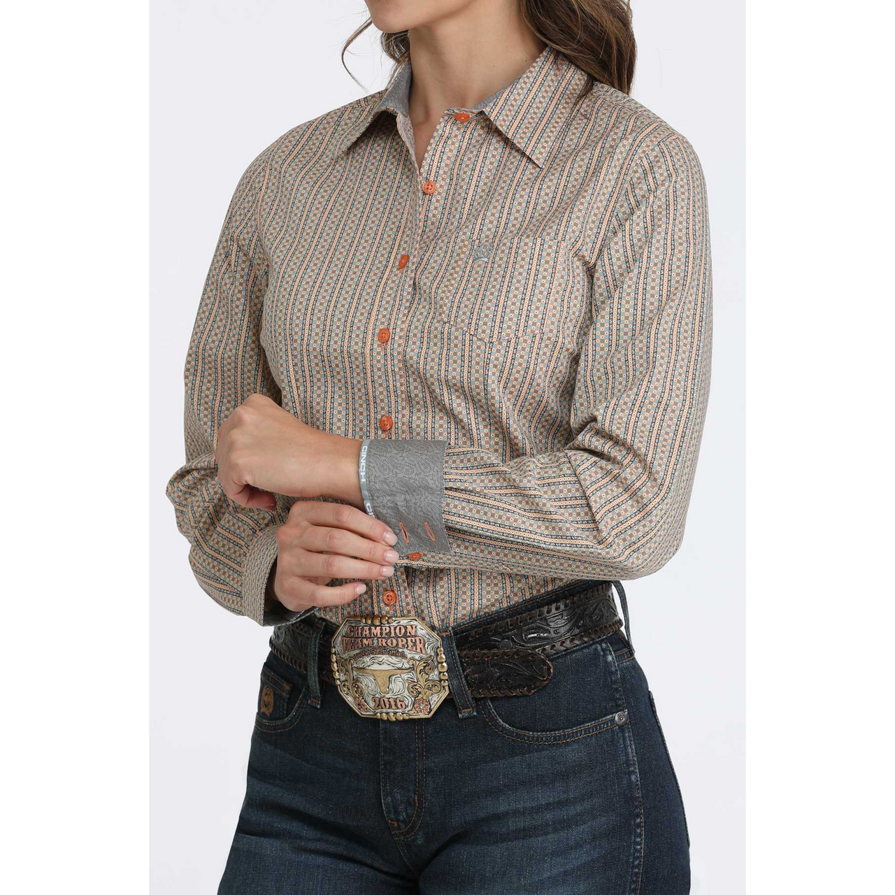 Cinch Women's Button Up Western Print Long Sleeve Shirt - Orange