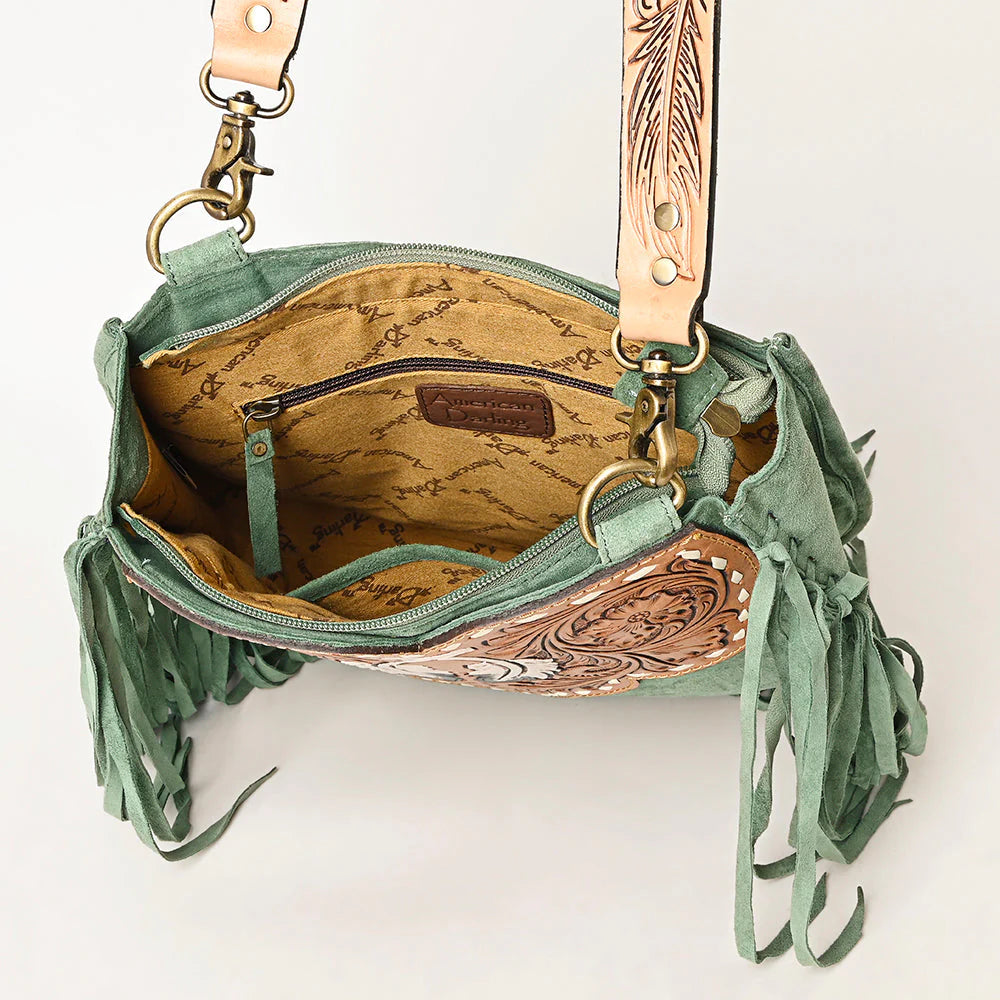 American Darling Feather Tooled Leather Messenger Fringe Bag