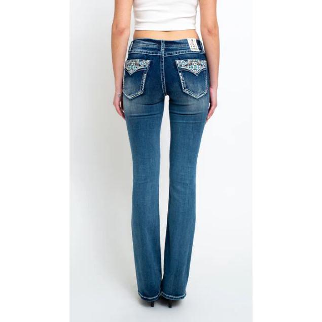 Grace in LA Women's Aztec Embroidered Pocket Flap Midrise Bootcut Jean