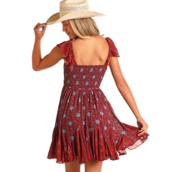 Panhandle Women's Floral Godet Minidress- Burgundy