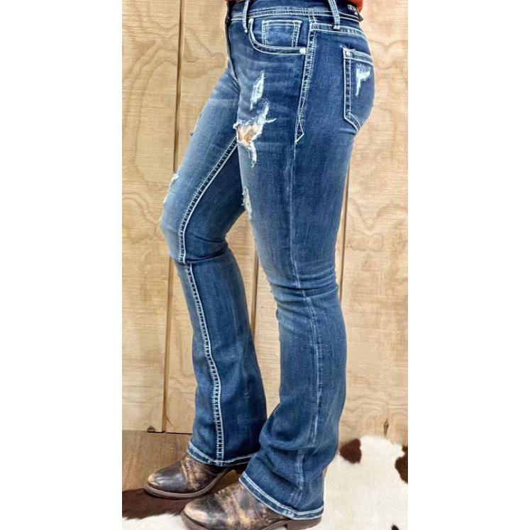 Grace in LA Women's Easy Fit Distressed Sequin Boot Cut Jeans