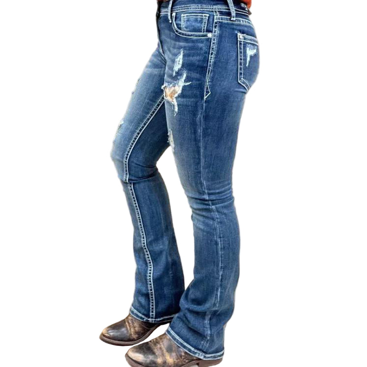 Grace in LA Women's Easy Fit Distressed Sequin Boot Cut Jeans