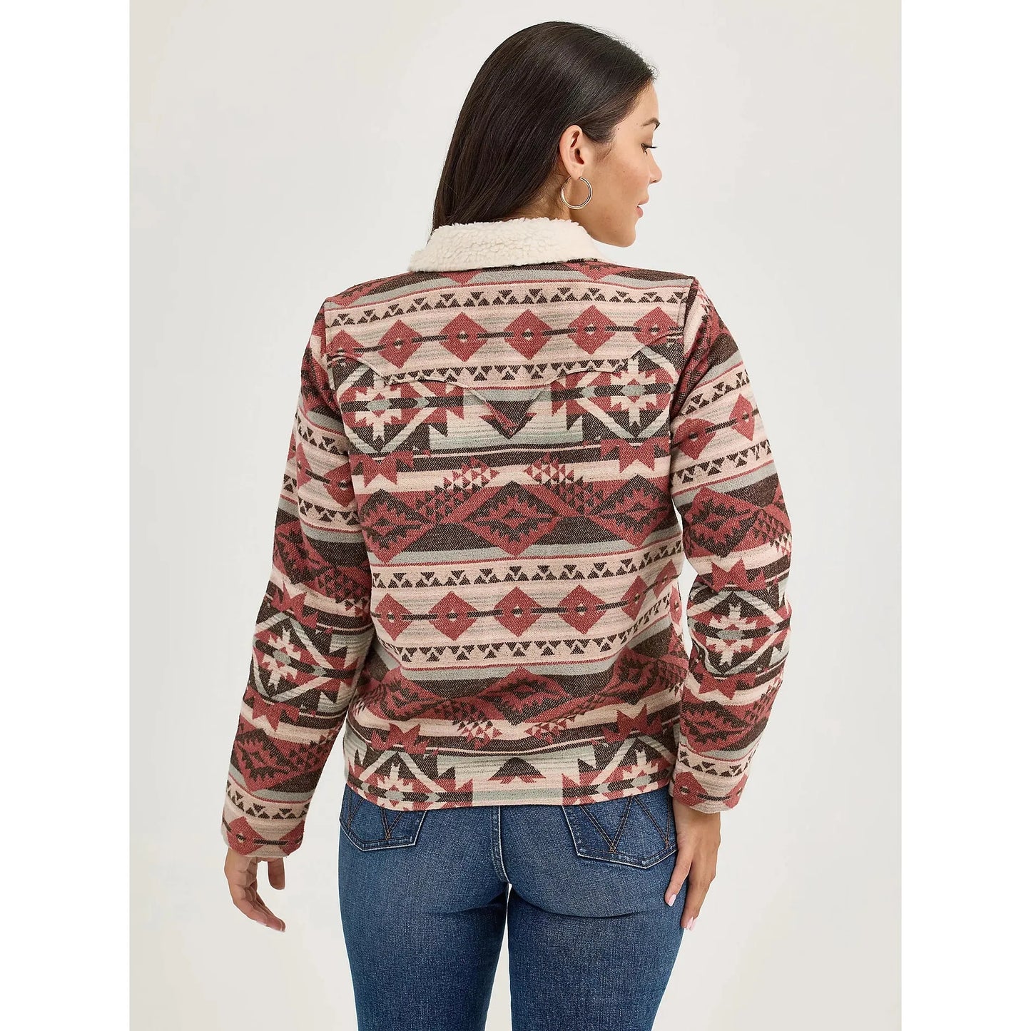 Wrangler Women's Sherpa Lined Jacquard Barn Jacket- Cream/Burgundy