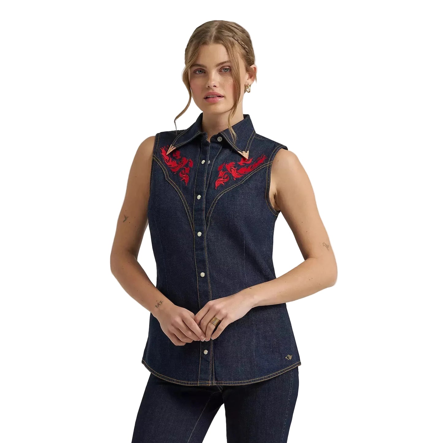 Wrangler Women's Lainey Wilson Sleeveless Embroidered Denim Shirt - Dark Rinse