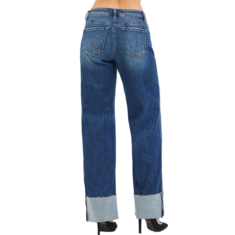 Risen Women's Mid Rise Straight Jeans with Wide Cuff - Dark
