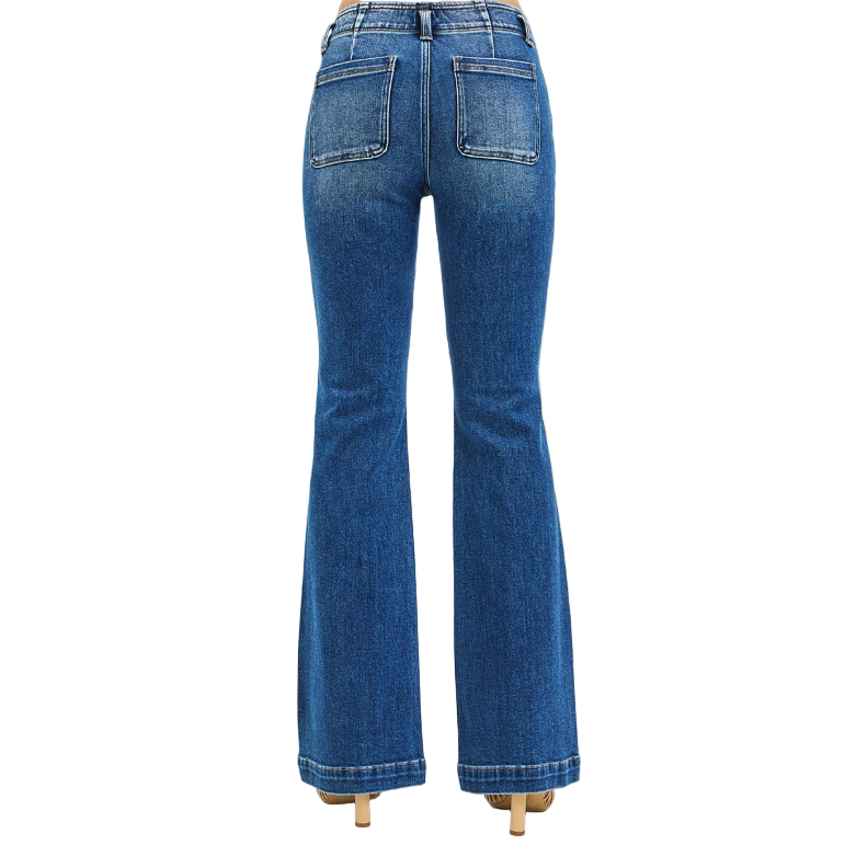 Risen Women's High Rise Double Button Flare Trouser Jeans - Dark