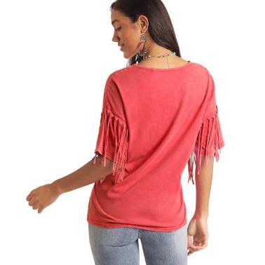 Panhandle Women's Short Sleeve Graphic Tee Shirt with Fringe- Red