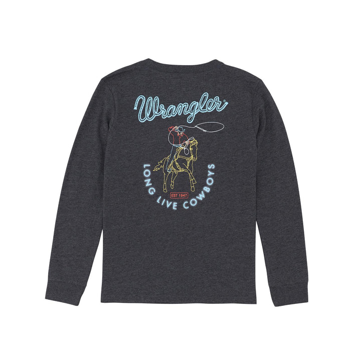 Wrangler Boys Long Sleeve Graphic Tee Shirt- Caviar Heather