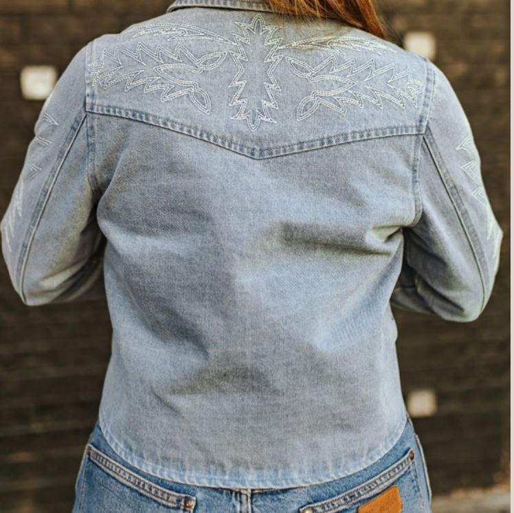Lucky & Blessed Women's Boot Stitch Embroidery Concho Button Down Jacket- Denim