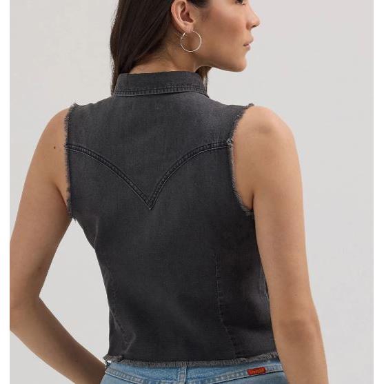 Wrangler West Women's Sleeveless Denim Snap Cut Off Crop Top- Black