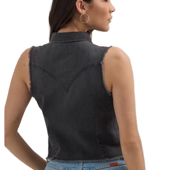 Wrangler West Women's Sleeveless Denim Snap Cut Off Crop Top- Black