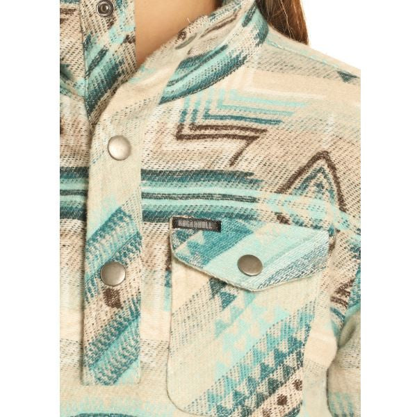 Rock & Roll Girl's Henley Aztec Jacquard Pullover- Tan