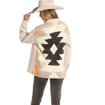 Rock & Roll Women's Long Sleeve Shirt Jacket with Knit Aztec - Light Grey