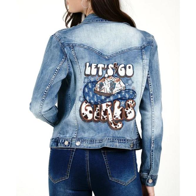 Grace in LA Let's Go Cowgirls Embroidered Jean Jacket