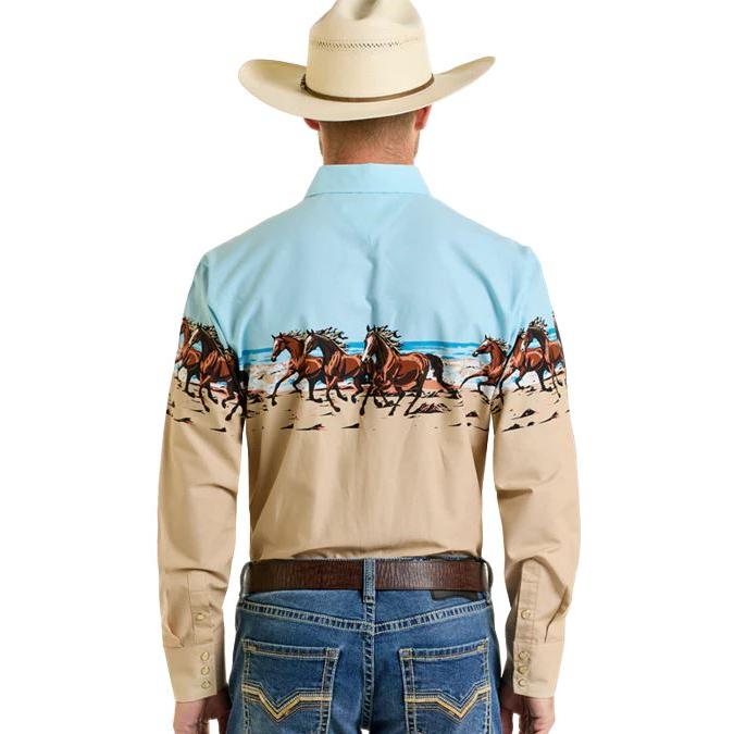 Panhandle Men's Long Sleeve Horses and Beach Border Shirt-Tan