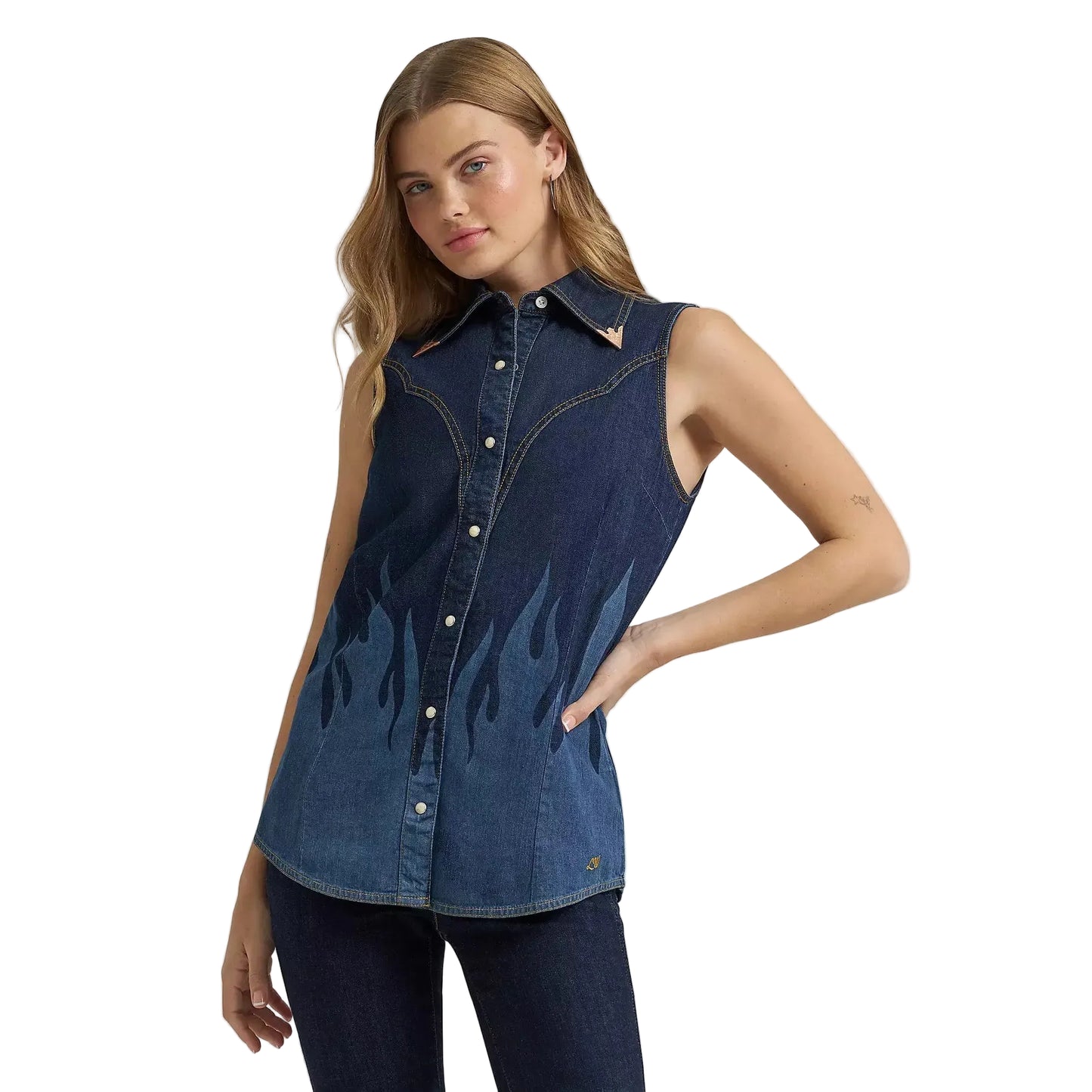 Wrangler Women's Lainey Wilson Sleeveless Flame Denim Shirt - Dark Denim
