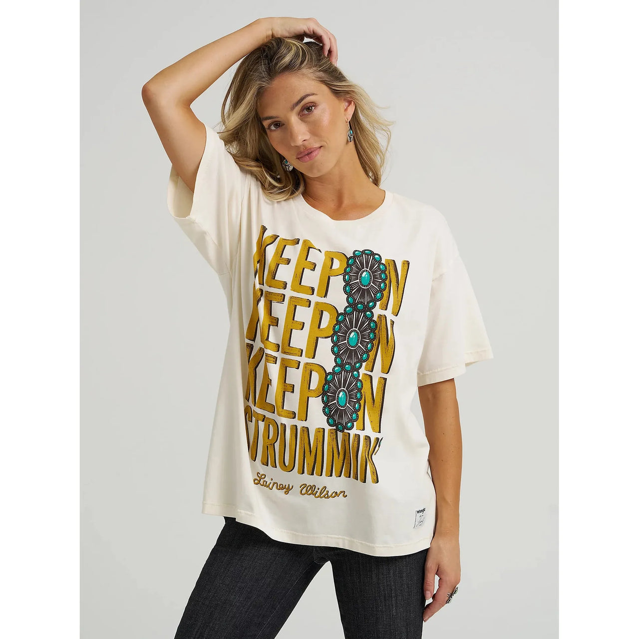 Wrangler Women's Lainey Wilson Short Sleeve  Keep On Strummin Oversized Tee Shirt- Cream