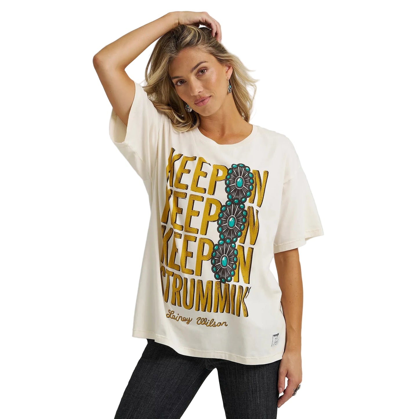 Wrangler Women's Lainey Wilson Short Sleeve  Keep On Strummin Oversized Tee Shirt - Cream