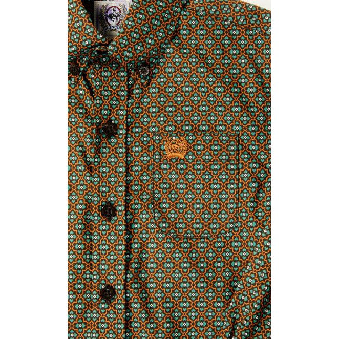 Cinch Boy's Long Sleeve Button Down  Geometric Print Shirt- Brown