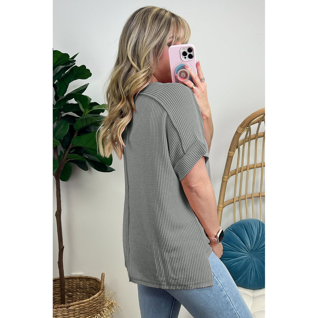 Dear Lover Women's Textured Knit Exposed Stitching T-Shirt - Medium Grey