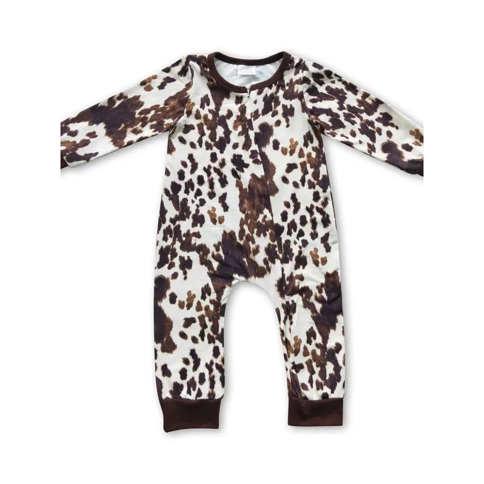 Yawoo Baby's Cow Print Long Sleeve Zipper Romper - White/Brown