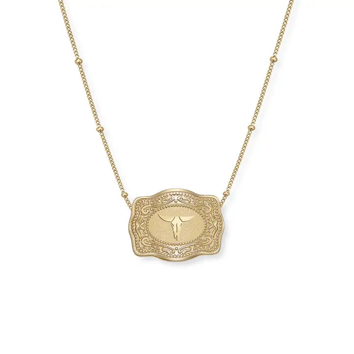 Spur West Mini Belt Buckle Longhorn Necklace- Gold