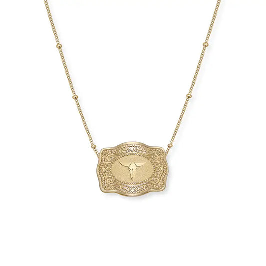 Spur West Mini Longhorn Belt Buckle Necklace- Gold