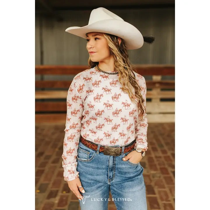 Lucky & Blessed Women's Western Cowboy Waffle Knit Top- Cream