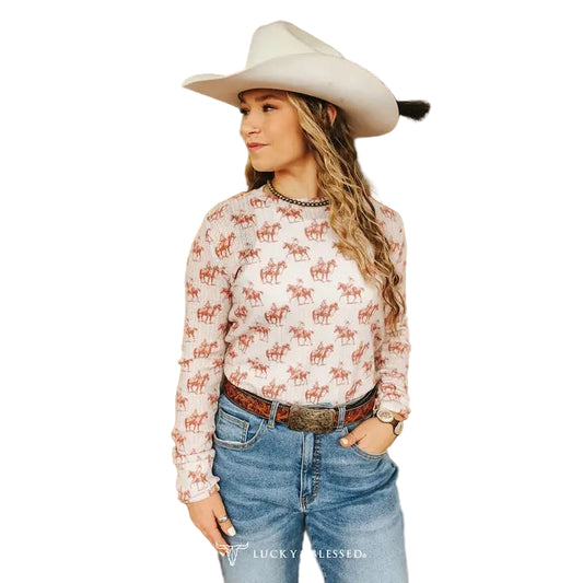 Lucky & Blessed Women's Western Cowboy Waffle Knit Top - Cream