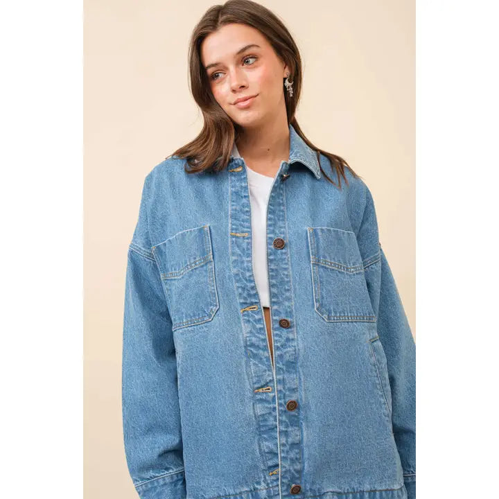 Women's Long Sleeve Oversized Boyfriend Denim Jacket- Medium Wash