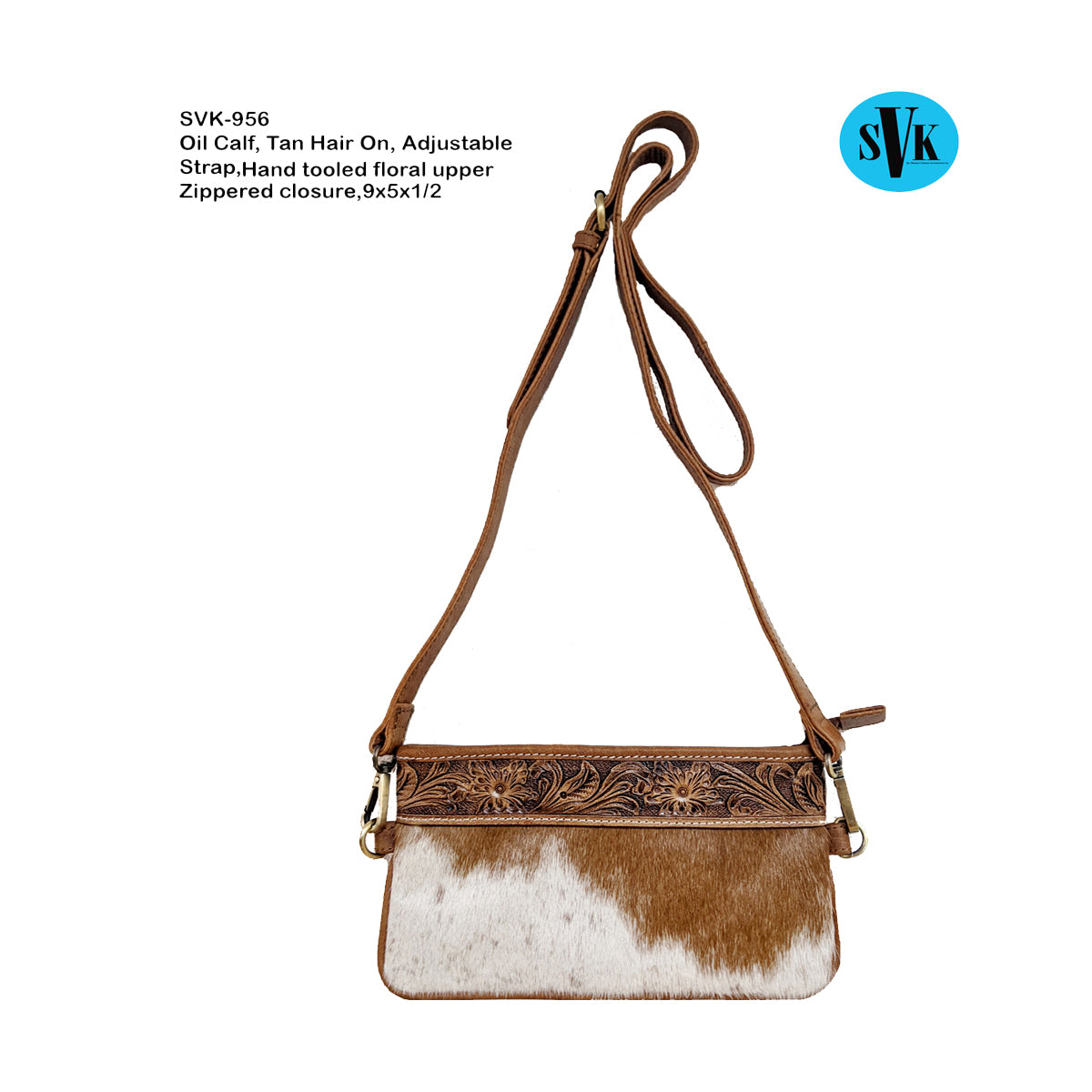 SVK Hand Tooled Calf Hair Crossbody Purse - Tan