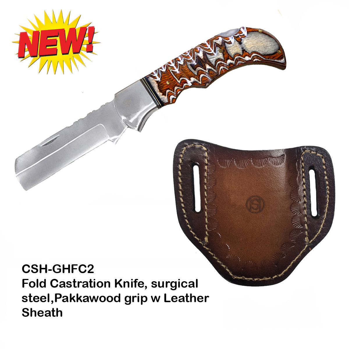 Circle SH Folding Castration Knife w/Leather Sheath - Natural Pakkawood