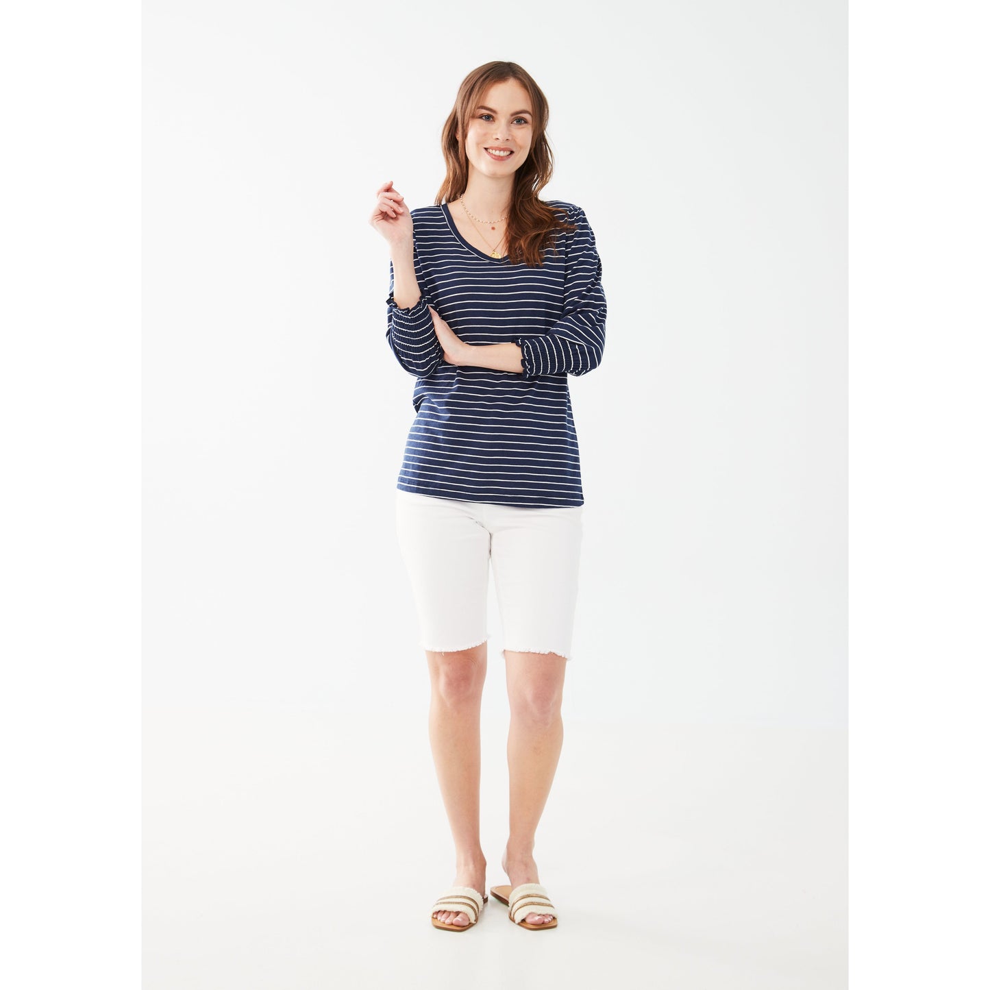 FDJ Women's V-Neck Top w/Smocked Cuffs - Navy Stripe