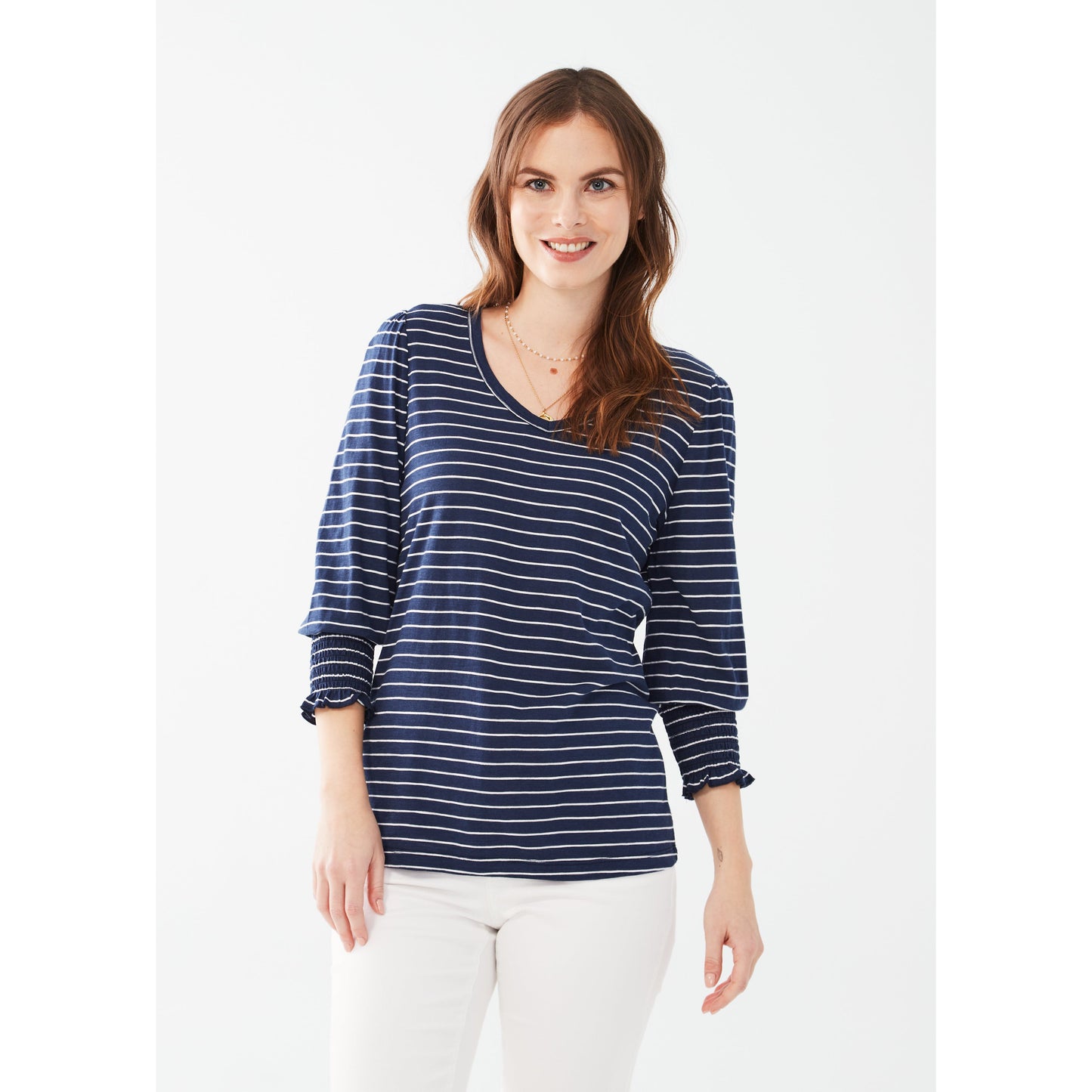 FDJ Women's V-Neck Top w/Smocked Cuffs - Navy Stripe