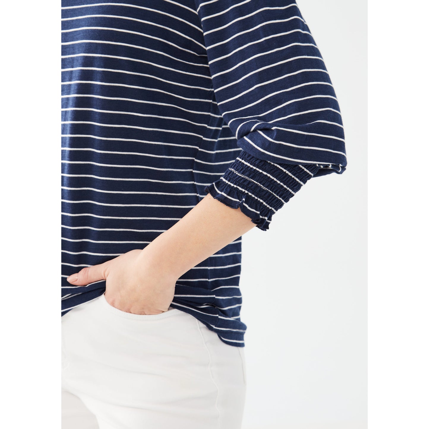 FDJ Women's V-Neck Top w/Smocked Cuffs - Navy Stripe